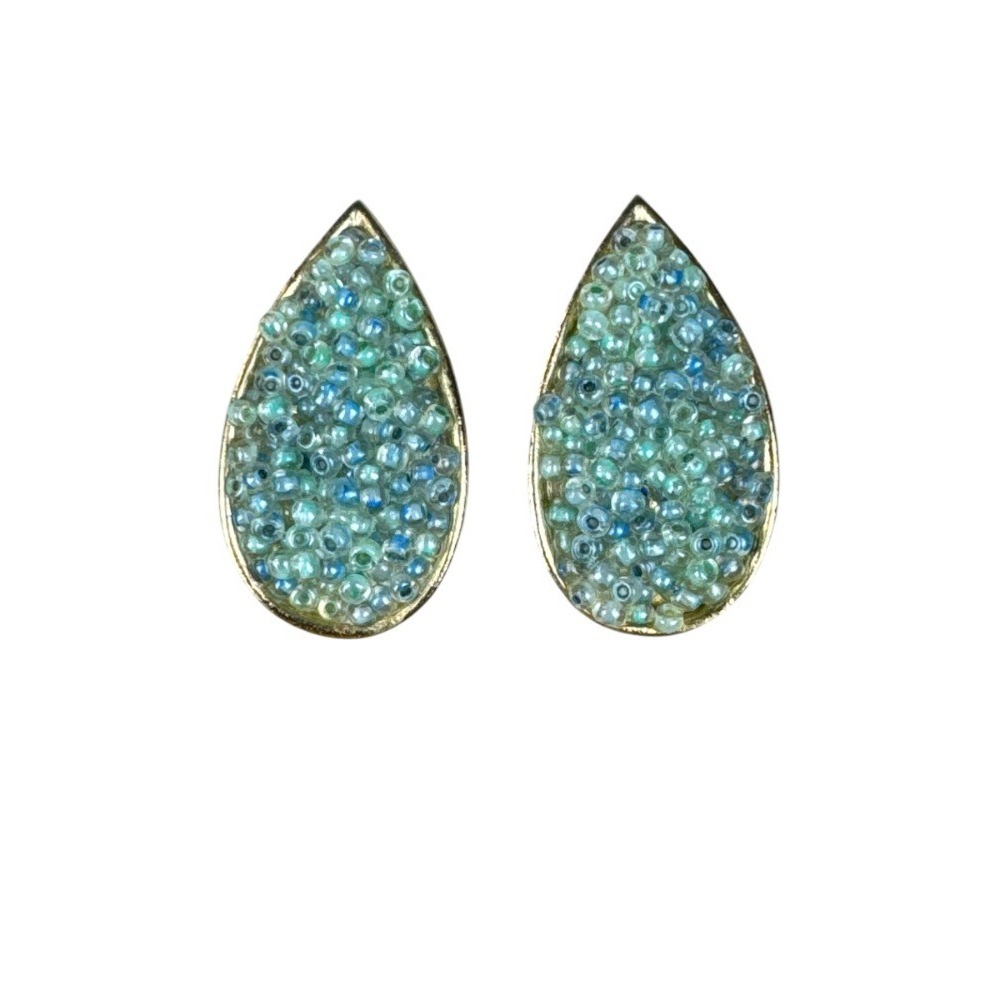 Vintage Gold Tone‎ Green Caviar Texture Teardrop Clip On Earrings 1" Statement